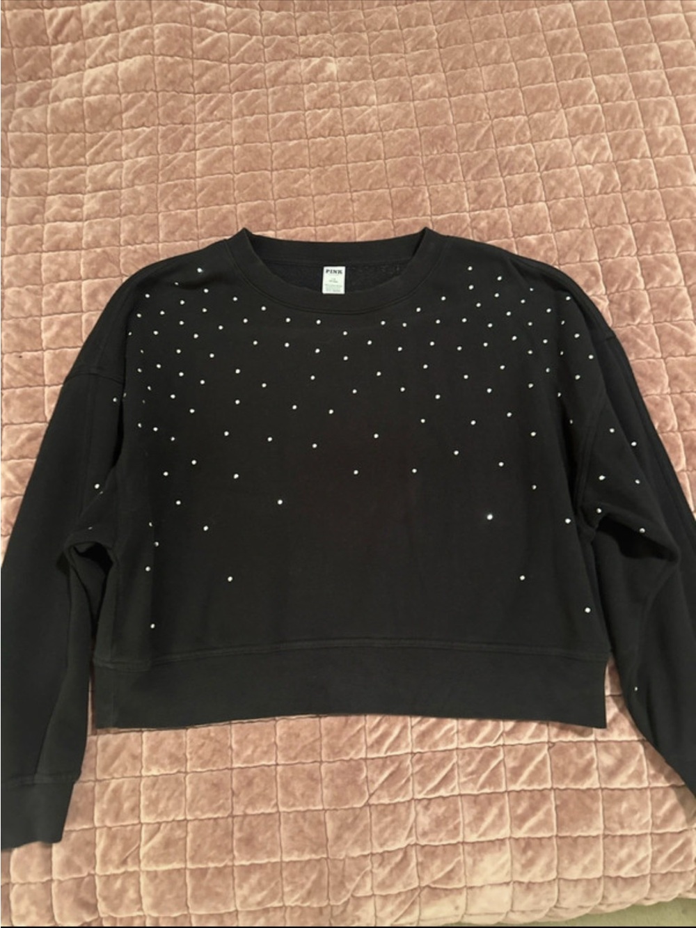 PINK Victoria's Secret Black Crystal-Studded Cropped Sweatshirt